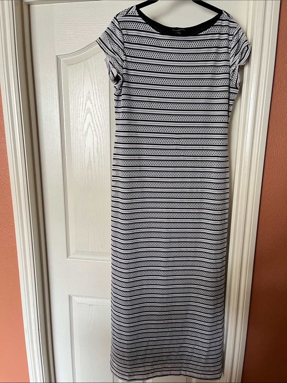 Sharagano Black and White Striped Maxi Dress
